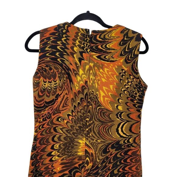 VTG 60's Dress Sleeveless Sheath Fiery Orange Psychedelic Burlap Tapestry Sz L - Picture 10 of 11